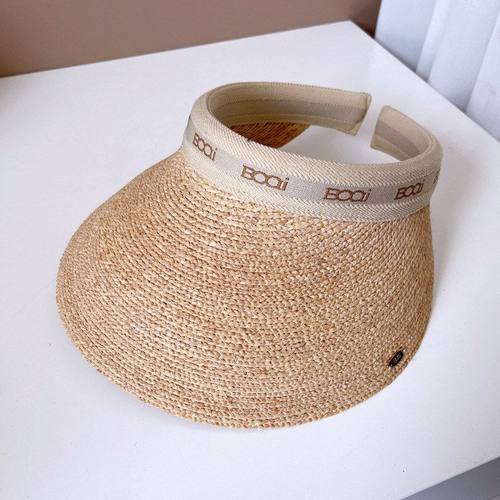 日系特细拉菲草空顶帽子女夏季防晒草帽字母标发箍帽百搭遮阳帽潮