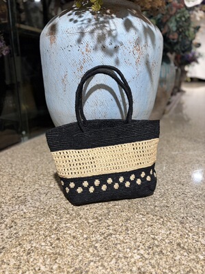 墨色星隅黑米撞色镂空拉菲草单肩包跨境复古小波点手工编织托特包