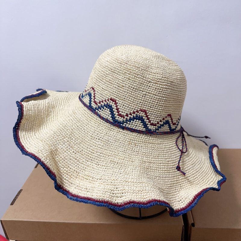 拉菲草大檐波浪边拼色遮阳防晒帽