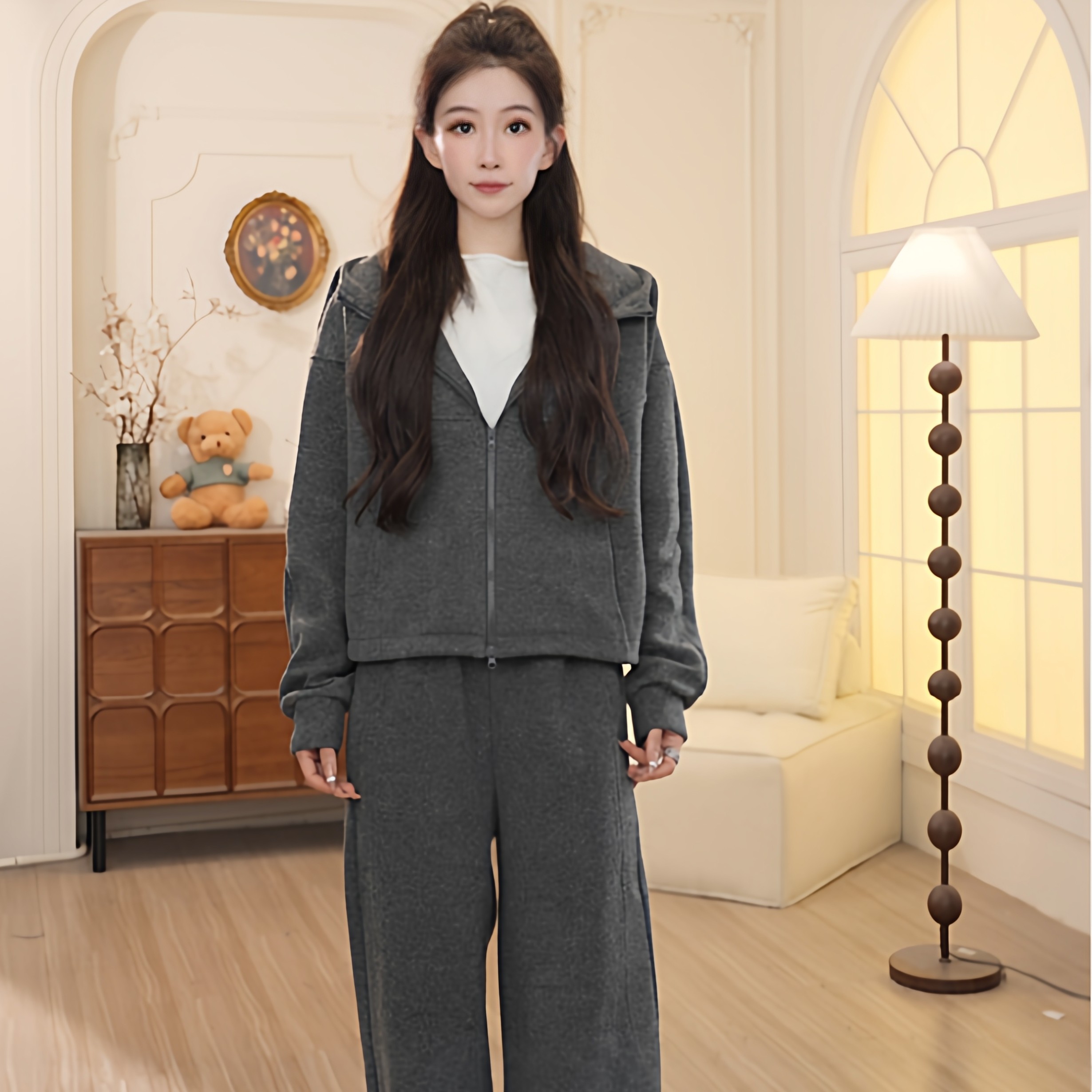 Basic House/百家好25秋季设计款时尚连帽卫衣长裤两件套DQO64