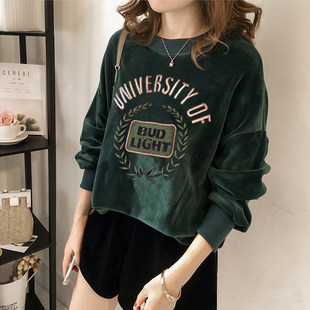 秋冬新款刺绣金丝绒加绒卫衣女打底长袖保暖家居上衣宽松套头外套