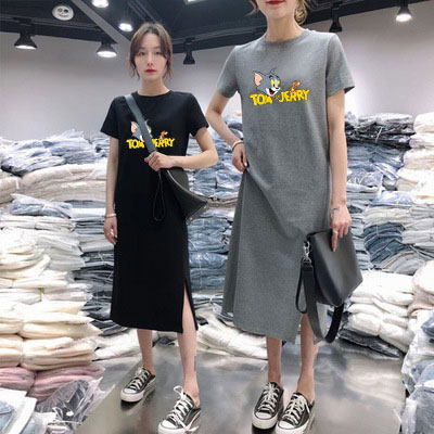 长款t恤女过膝短袖中长款大码宽松过臀体恤连衣裙家居服睡衣睡裙