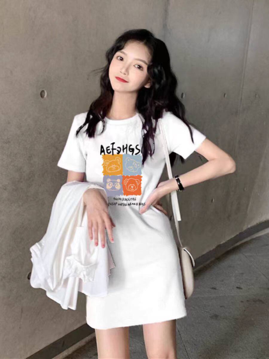 夏短袖裙子修身显瘦夏装休闲体恤短裙百搭纯棉长裙连衣裙t恤裙女