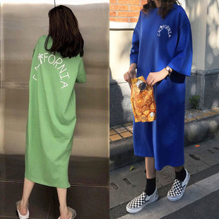 短袖睡裙女夏宽松大码过膝长款t恤连衣裙睡衣学生家居服薄款长裙