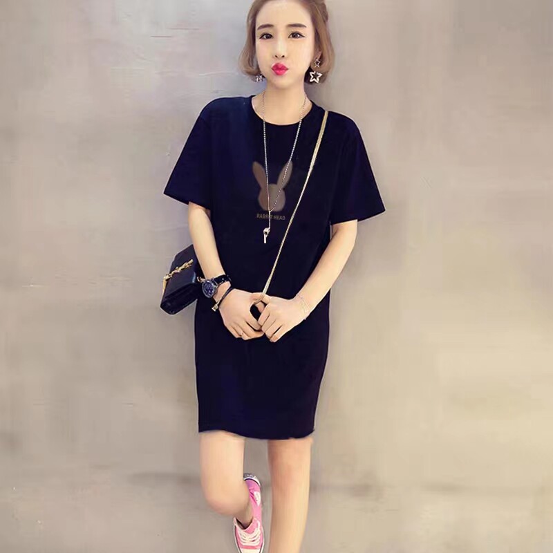 纯棉短袖裙子显瘦夏装休闲体恤女装百搭中长短裙连衣裙修身t恤裙