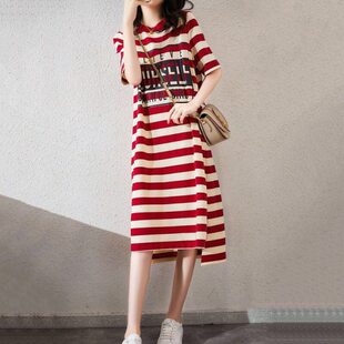 条纹睡裙女夏季连衣裙甜美韩版短袖T恤女士休闲长裙子睡衣家居服
