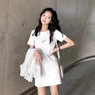 白色纯棉短袖T恤裙子女夏2026韩版新款大码修身显瘦中长款连衣裙