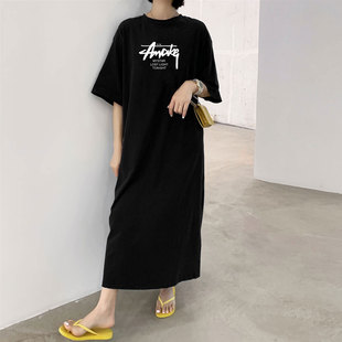 睡衣t恤裙女夏季2025新款宽松加大码懒人裙中长款体恤过膝连衣裙