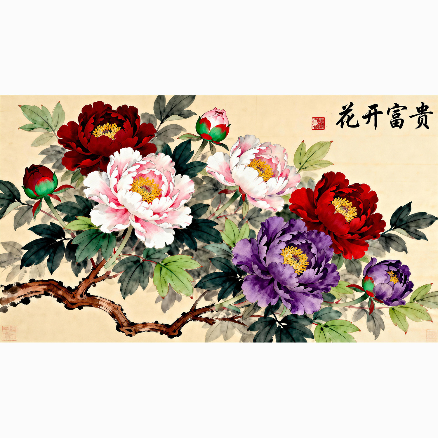 新中式牡丹花装饰画卧室无框画芯壁画贴纸花卉客厅背景墙贴