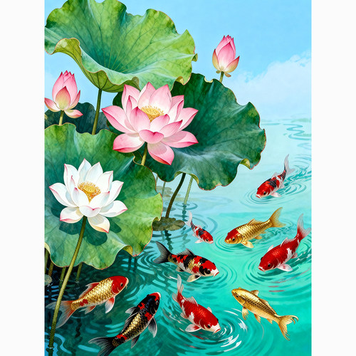厨房荷花净秽卫生间装饰画客厅画玄关画九鱼图莲花带背胶自粘贴画