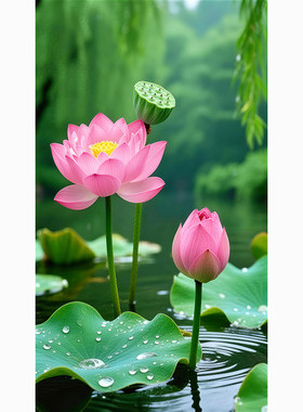 新中式玄关荷花装饰画卧室无框画贴纸自粘贴画粉色莲花壁画