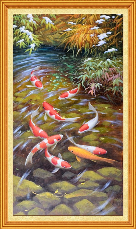 装饰画客厅背景墙现代玄关竖幅装饰油画鲤鱼荷花溪流九鱼图无框画