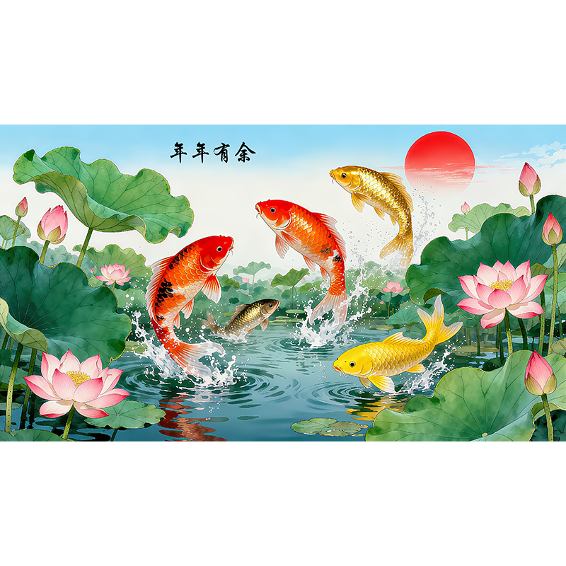 现代客厅装饰画沙发背景墙壁鱼画年年有鱼荷花鲤鱼壁画自粘贴纸画图片