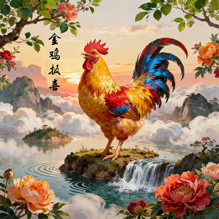 大红公鸡财源滚滚财运亨通金鸡油画招财聚财雄鸡动物画生肖画自粘