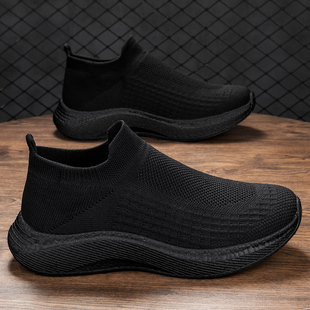 健步老人鞋 一脚蹬爆米花软底爸爸鞋 男踩死感袜子鞋 全黑飞织运动鞋
