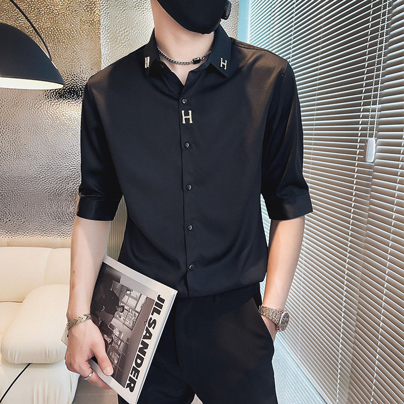 C210-P58 控78 夏季男时尚短袖衬衫潮流男小伙衬衣 黑1图片