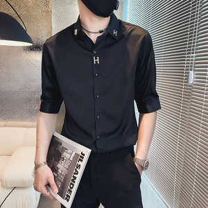 C210-P58 控78 夏季男时尚短袖衬衫潮流男小伙衬衣 黑1图片