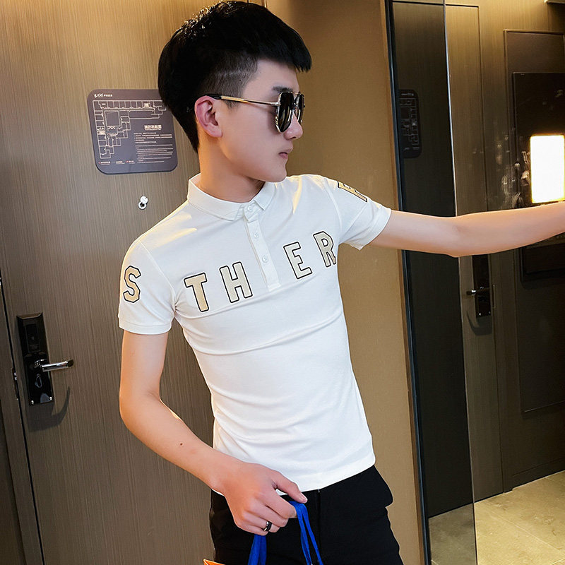 P154-P45 控65 社会小伙修身刺绣短袖polo衫男翻领t恤潮 白图片