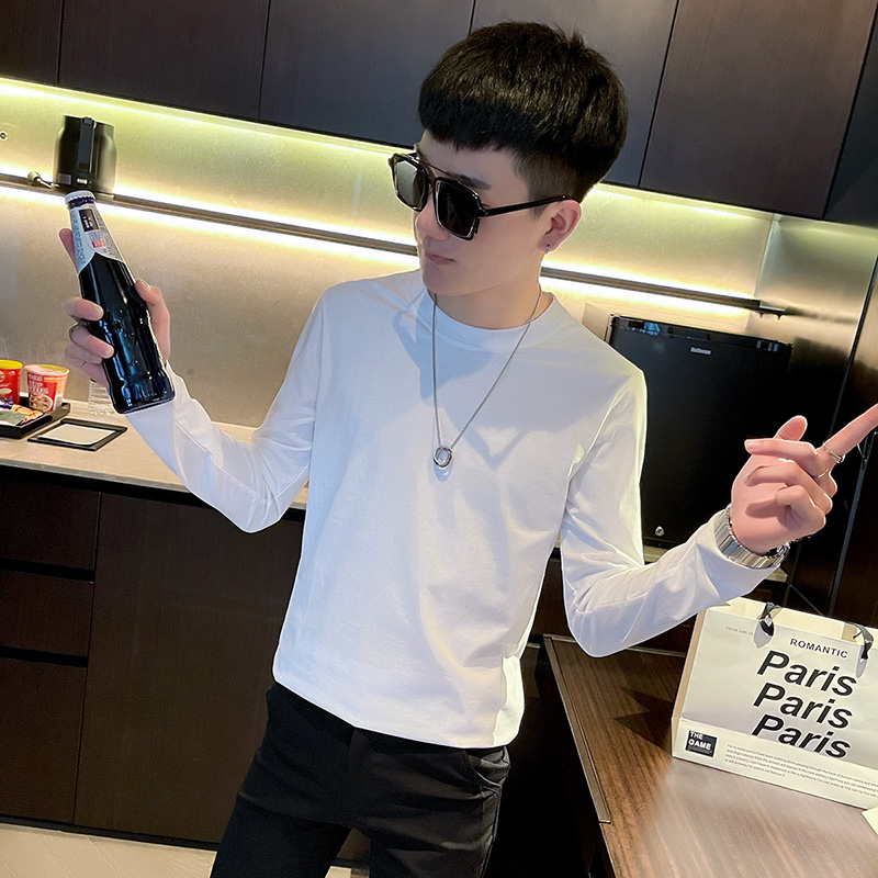 CT36-P35社会精神小伙修身纯色长袖T恤男潮tee白，男装T恤，电商A346