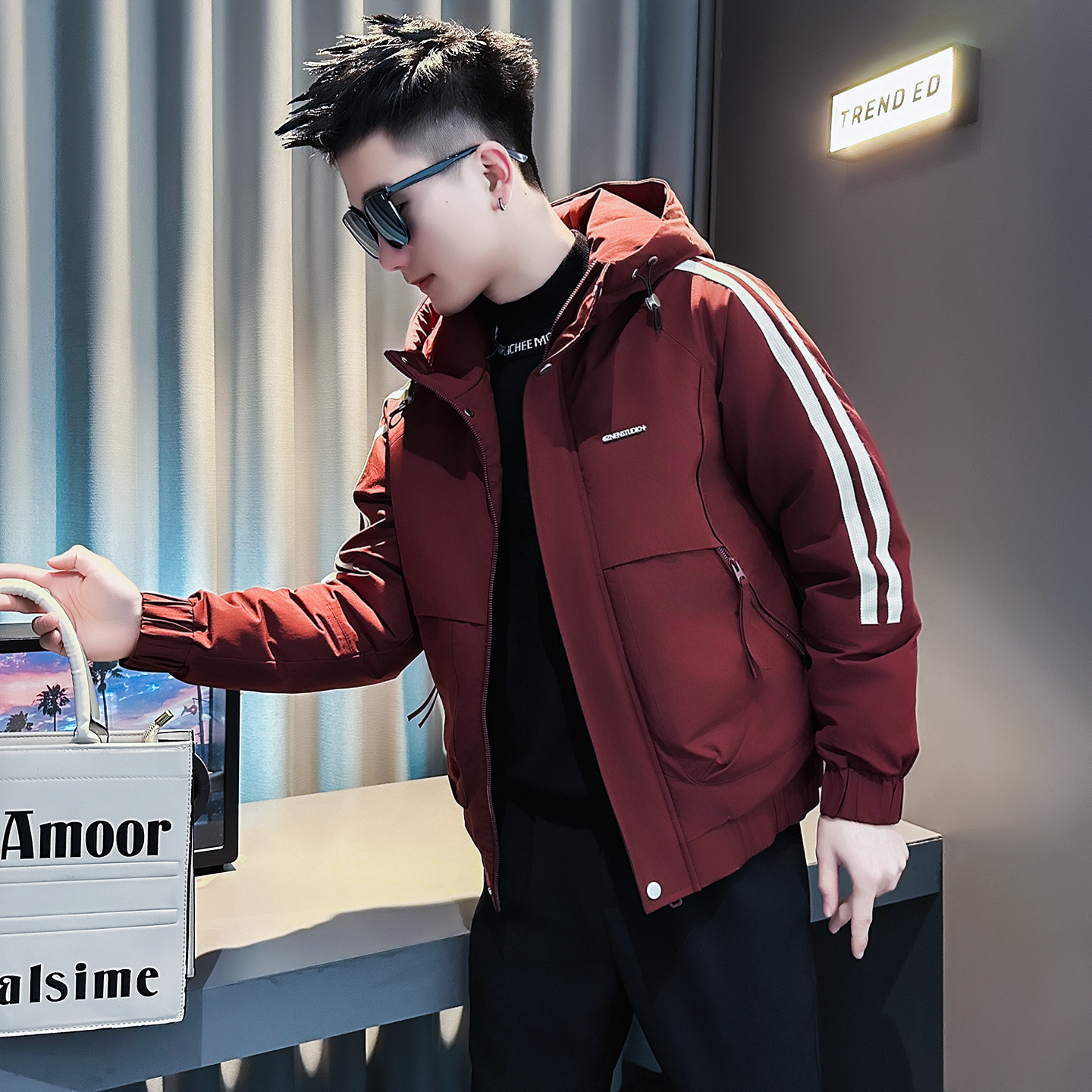 F227-P138控178社会小伙立领棉衣外套潮流修身棉服男红1，男装棉衣，电商A346