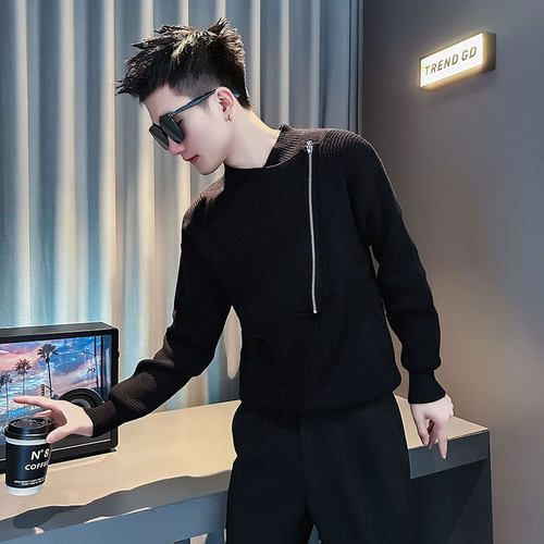 M246-P88控118 社会小伙冬季圆领毛衣新款男修身针织衫男潮流 黑1