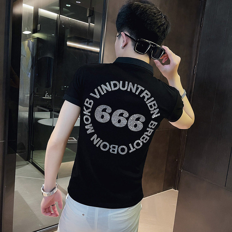 P149-P45 控65 社会小伙修身烫钻短袖polo衫男翻领t恤潮 黑1图片