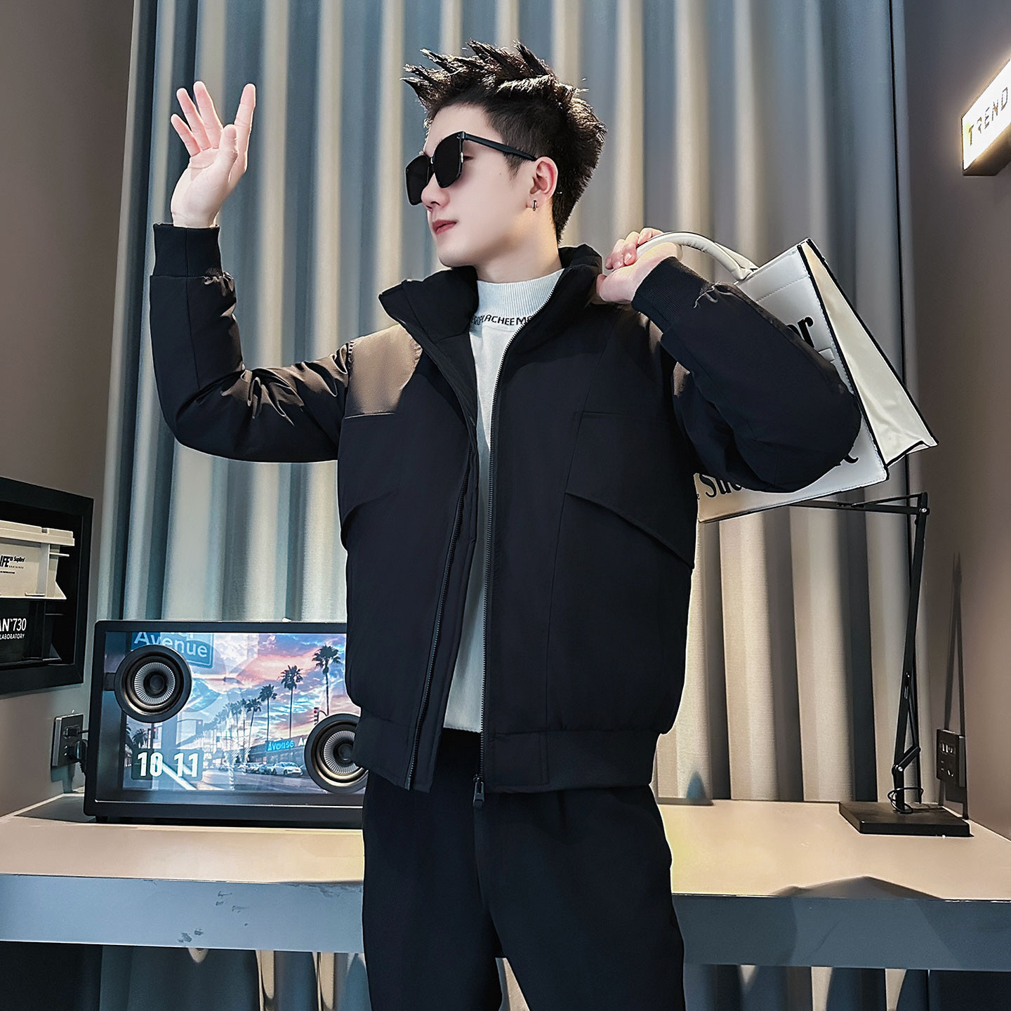 F210-P138控178社会小伙立领棉衣外套潮流修身棉服男黑1,男装棉衣,电商A346