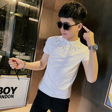 P150-P45控65社会小伙修身烫钻短袖polo衫男翻领t恤潮黑1，男装Polo衫，电商A346