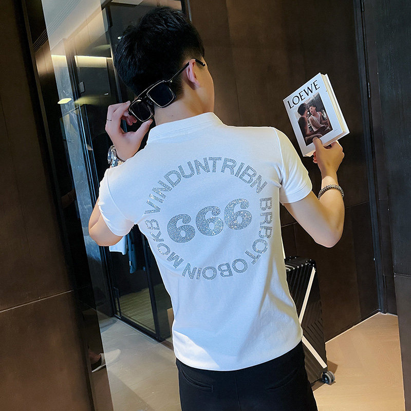 P149-P45控65社会小伙修身烫钻短袖polo衫男翻领t恤潮黑1,男装Polo衫,电商A346