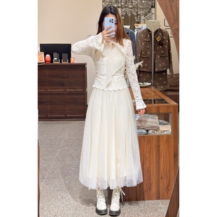 国风加绒里布白色蕾丝连衣裙女长袖收腰显瘦长裙仙气飘逸