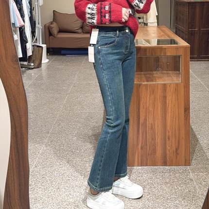 2025春季复古深蓝色微喇裤牛仔裤女高腰显瘦美式加绒弹力直筒裤子