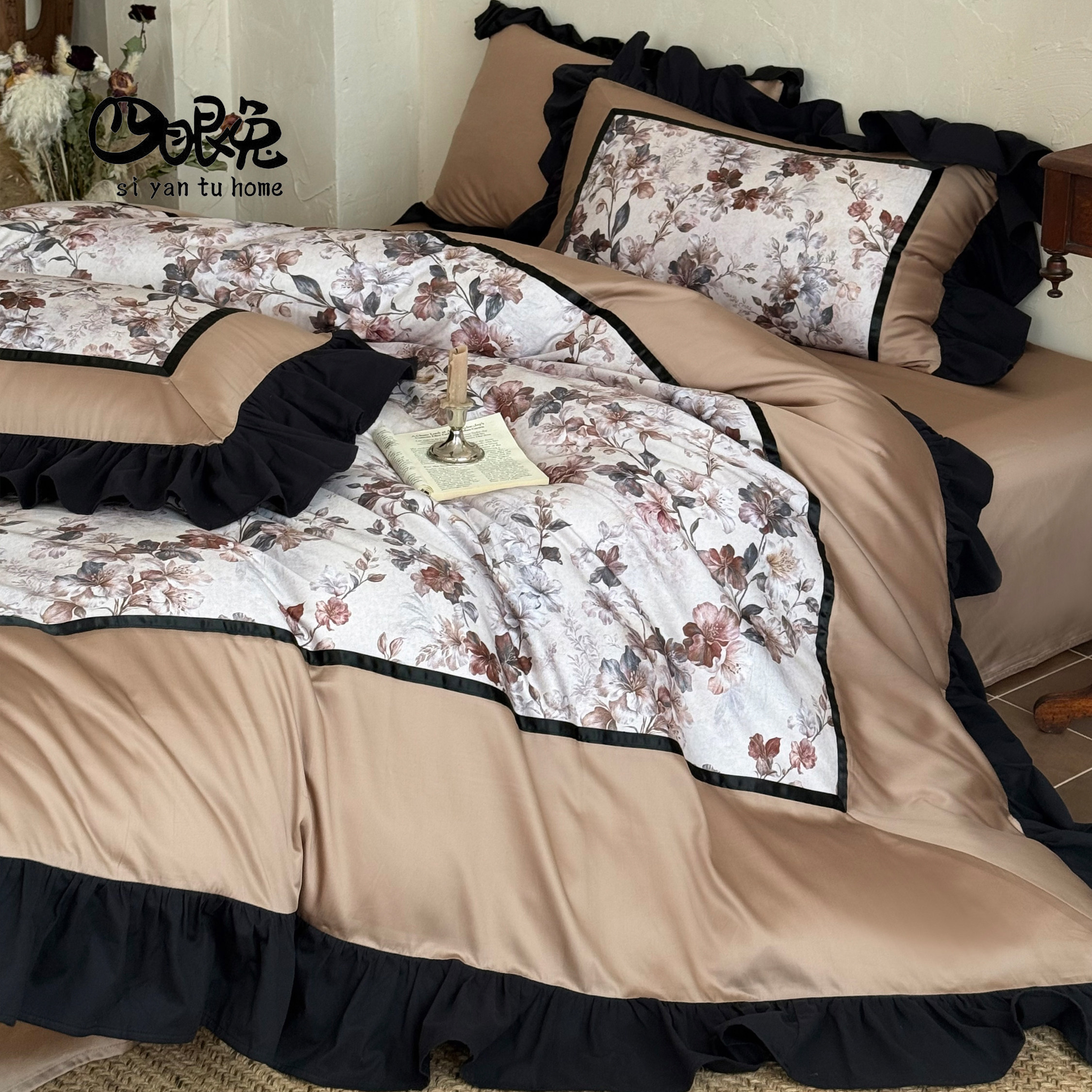 芙蓉秋水︱法式复古天丝棉磨毛四件套高端印花被套床单床上用品2m