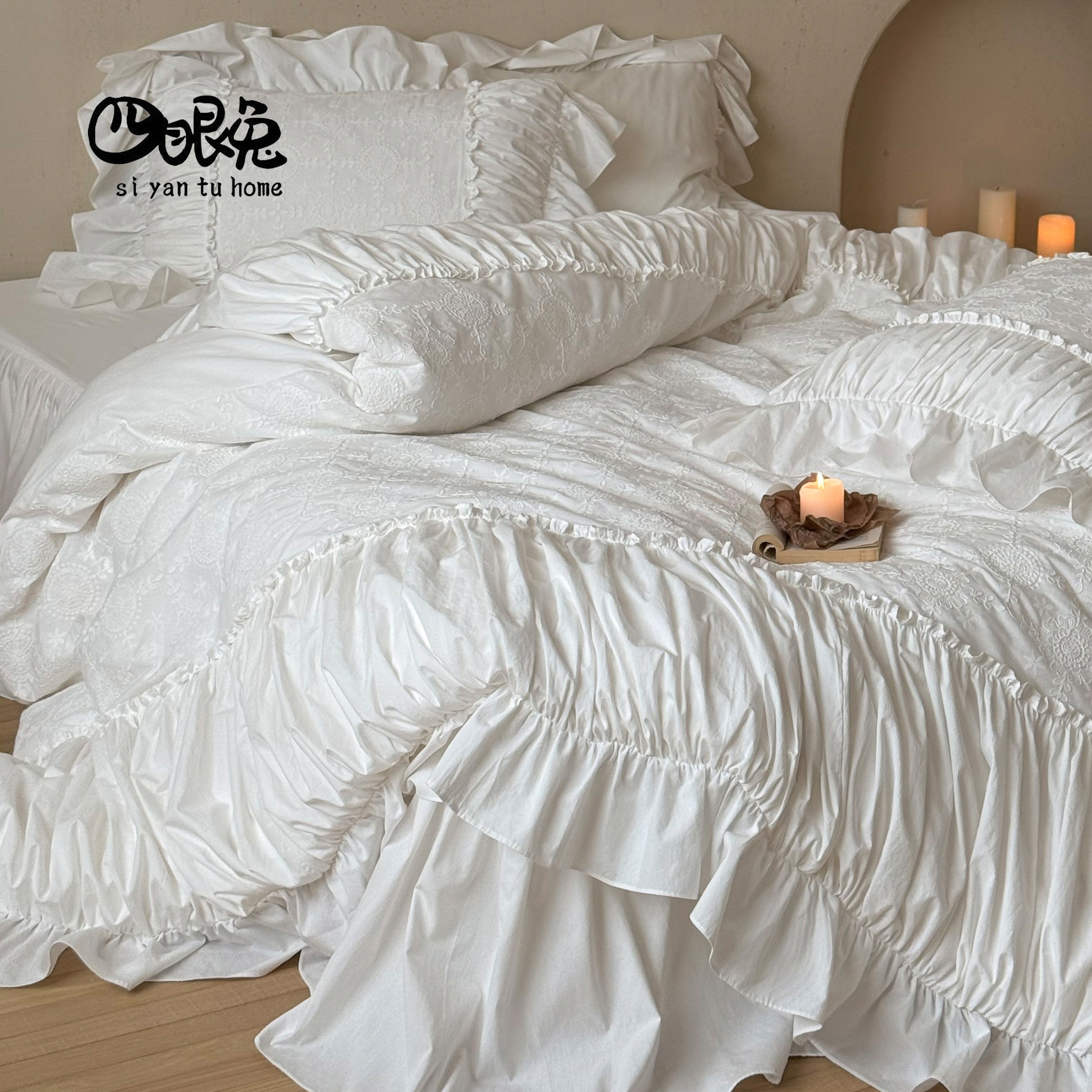 月光栀晓︱法式白色唯美床裙全棉四件套纯棉刺绣褶皱花边被套床品