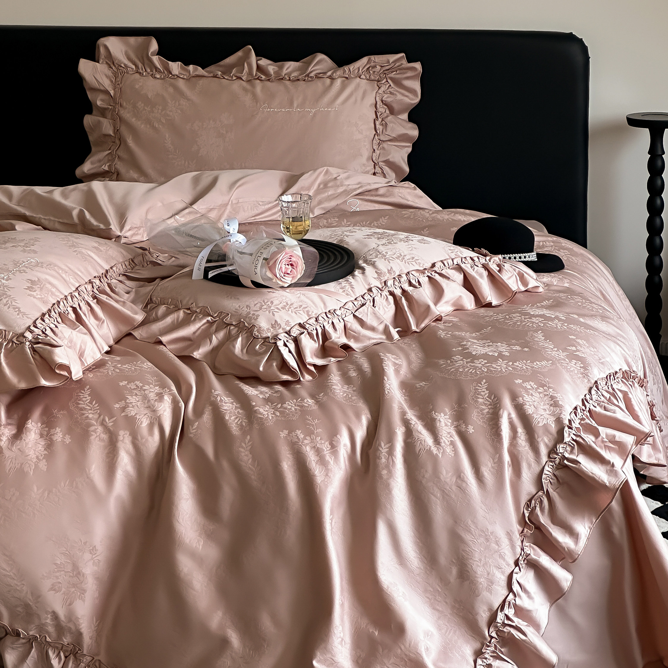 玫瑰粉末︱法式浪漫高级提花全棉长绒棉四件套纯棉贡缎被套床品仙