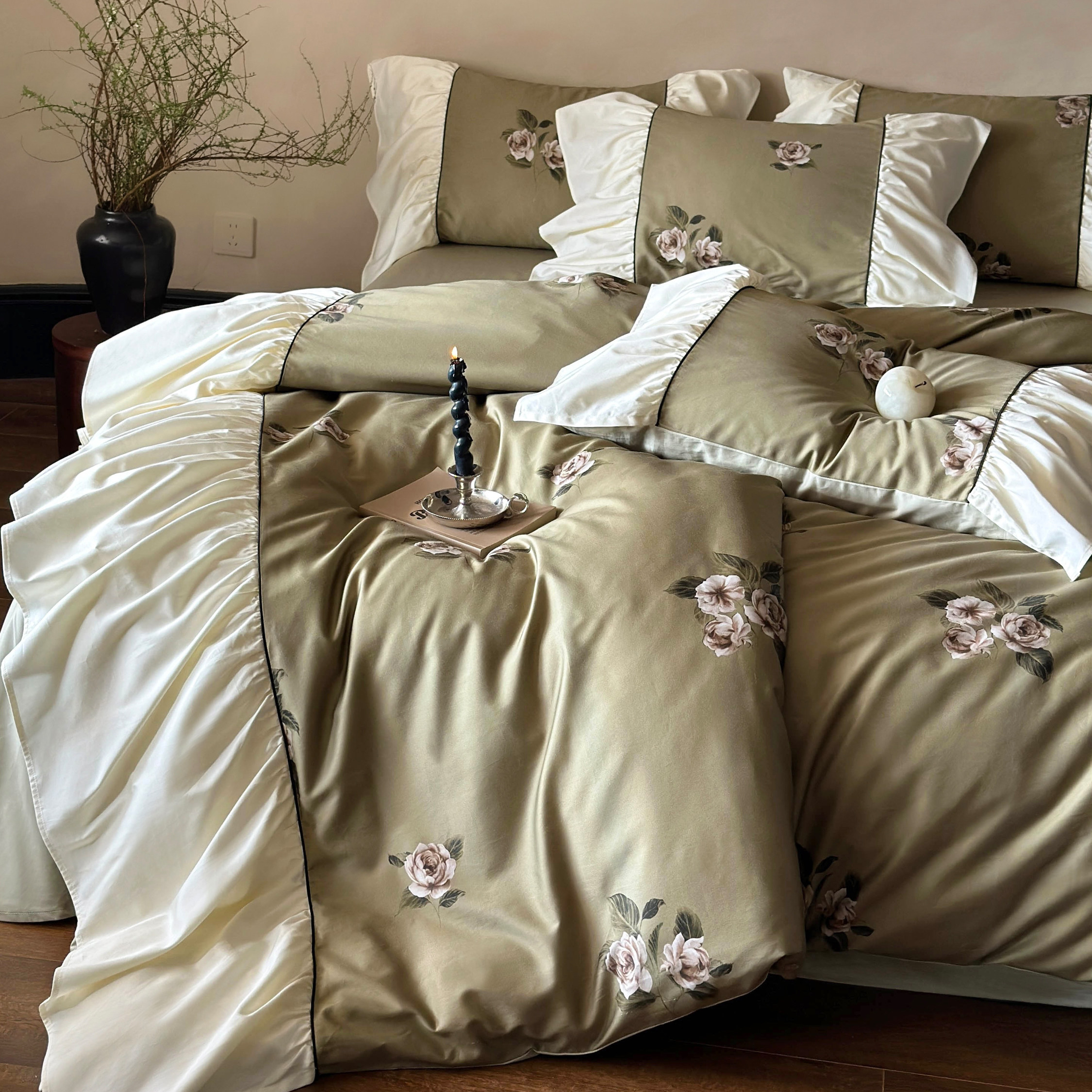 香榭假日︱法式全棉长绒棉四件套复古印花纯棉贡缎荷叶边被套床品