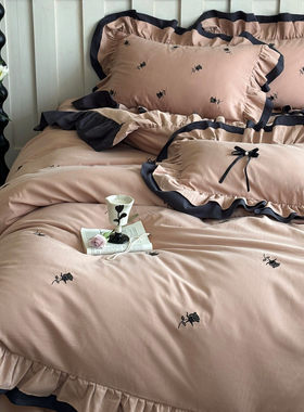 焦糖玫瑰︱法式复古刺绣秋冬全棉磨毛四件套纯棉加厚花边被套床品