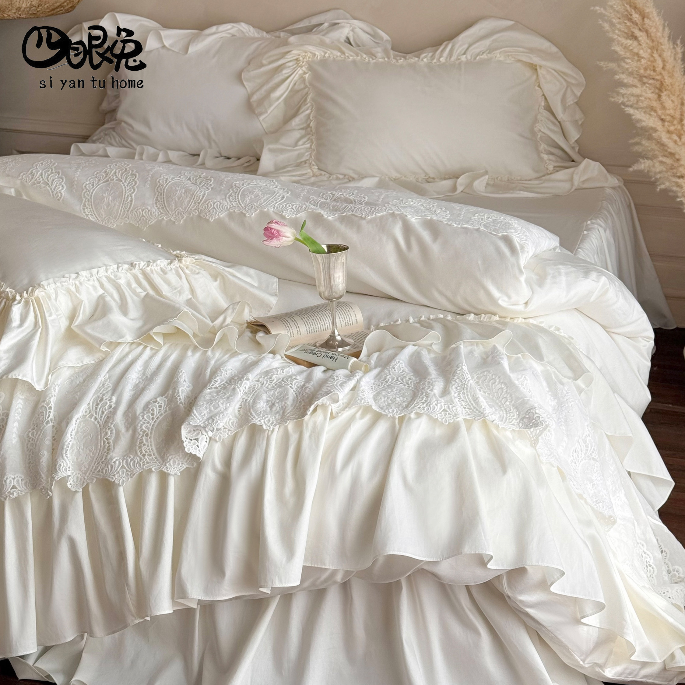 白日梦境︱法式公主纯棉长绒棉床裙四件套贡缎宫廷风蕾丝镂空床品