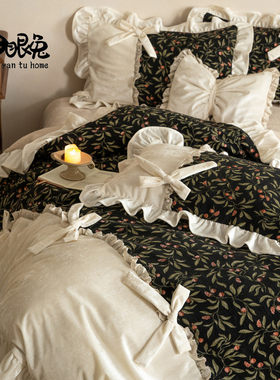 蜜糖梦露︱法式复古少女冬季牛奶绒四件套加厚保暖花边蝴蝶结床品