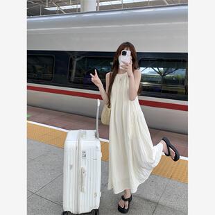 白色无袖 海边度假风挂脖吊带沙滩长裙 背心连衣裙子女夏季 2025新款