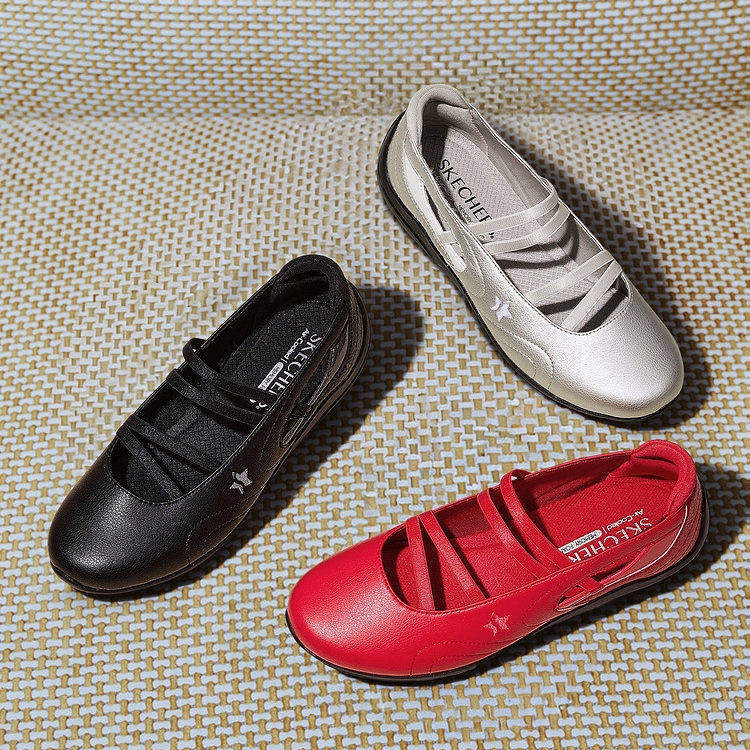 Skechers斯凯奇女士纯色百搭皮面平底舒适柔软休闲浅口单鞋185491