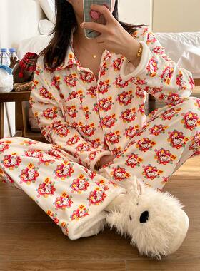 nini自制ins卡通kitty睡衣女冬天银狐绒加绒可爱kt家居服保暖舒适