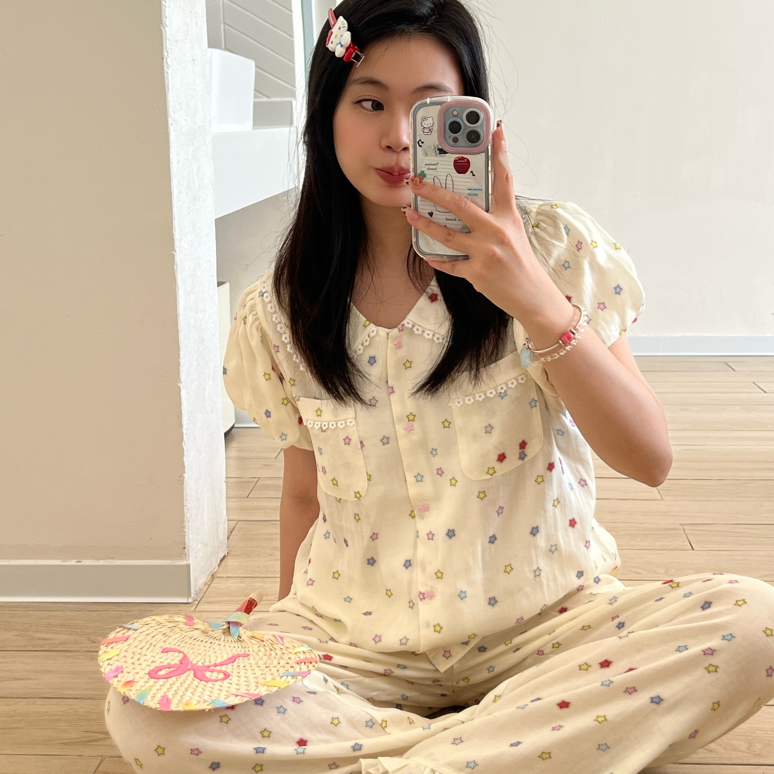 nini自制双层天丝星星印花夏季睡衣女泡泡短袖纯棉可外穿居家服女