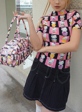 nini自制黑粉格子KT印花褶皱T恤女超大弹力甜心辣妹半高短袖上衣