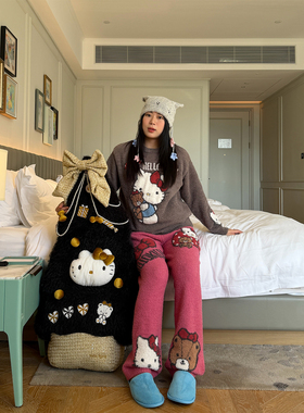 nini自制kitty半边绒加厚圆领睡衣女秋冬款保暖家居服针织两件套