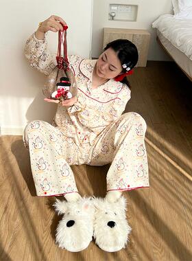 nini自制印花雪人纯棉睡衣两件套女春秋款宽松可爱甜美纯棉居家服