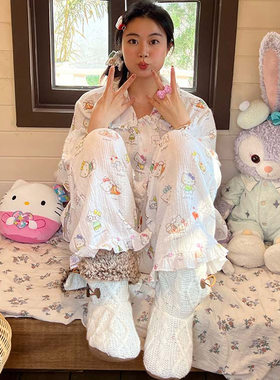 nini自制Kitty印花纯棉睡衣两件套女春夏款宽松双层纱绉居家服女