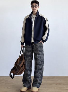 SIIIEND美式复古韩版立领夹克男秋季短款宽松休闲百搭学院风外套