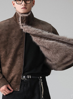 Ruralman正肩剪裁皮毛一体皮棉衣男冬季2025新款复古加厚棉服皮衣