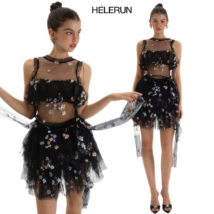 HELERUN 原创小众设计感立体亮片绣花网纱气质礼服吊带半身裙套装