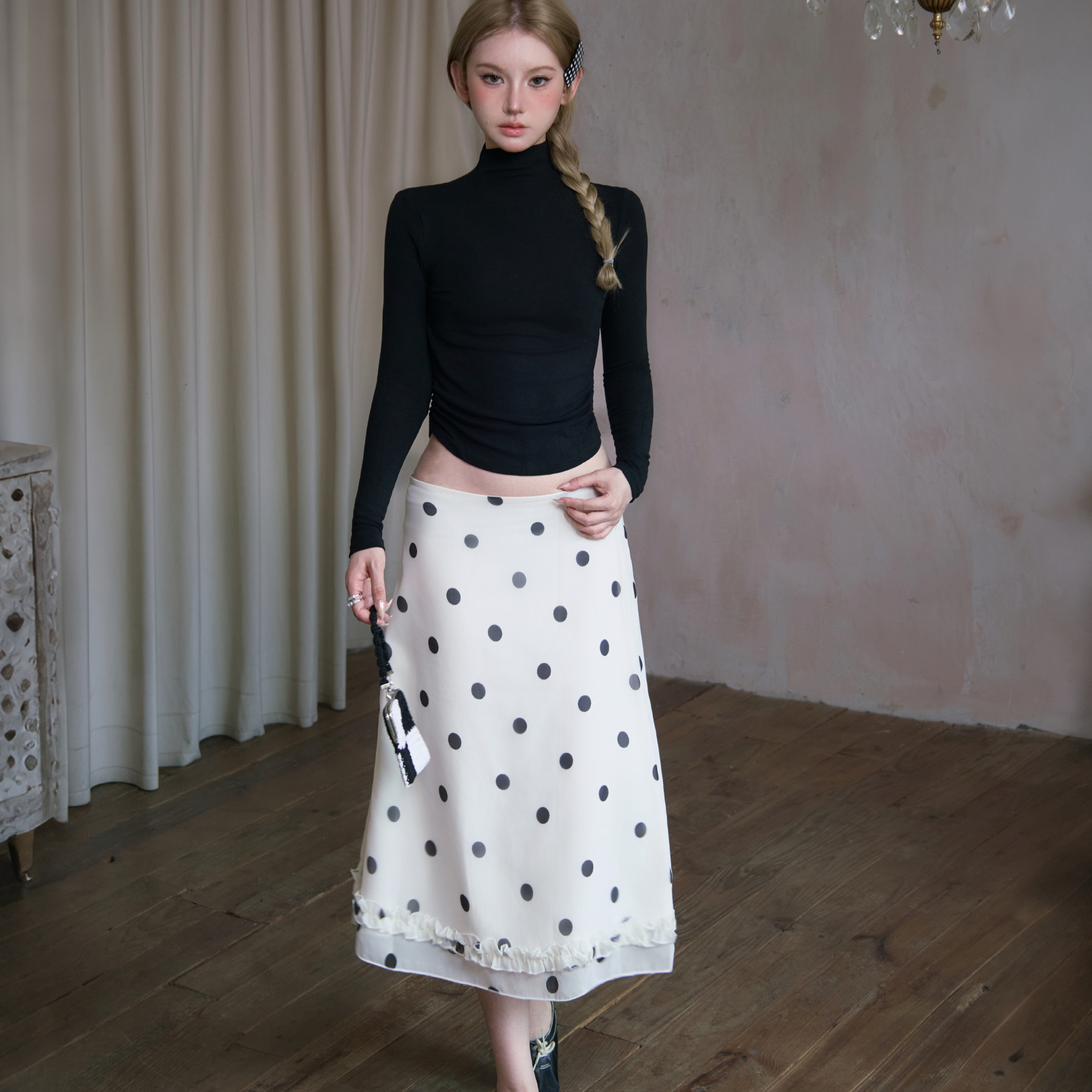 复古宫廷风低腰波点花边半身裙